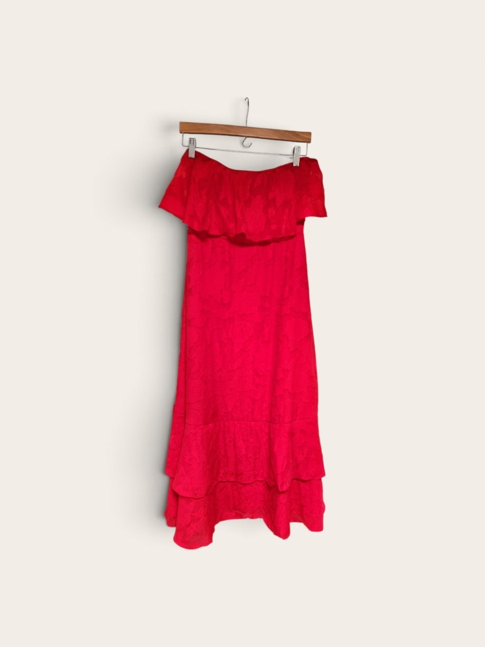 Lulu's Bright Red Strapless Ruffle Maxi Dress